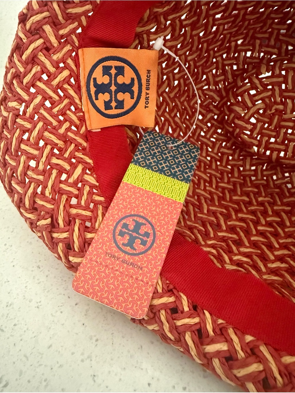 Tory Burch Lobster Red and Natural Woven Straw Fedora with Red Ribbon - Picture 4 of 5